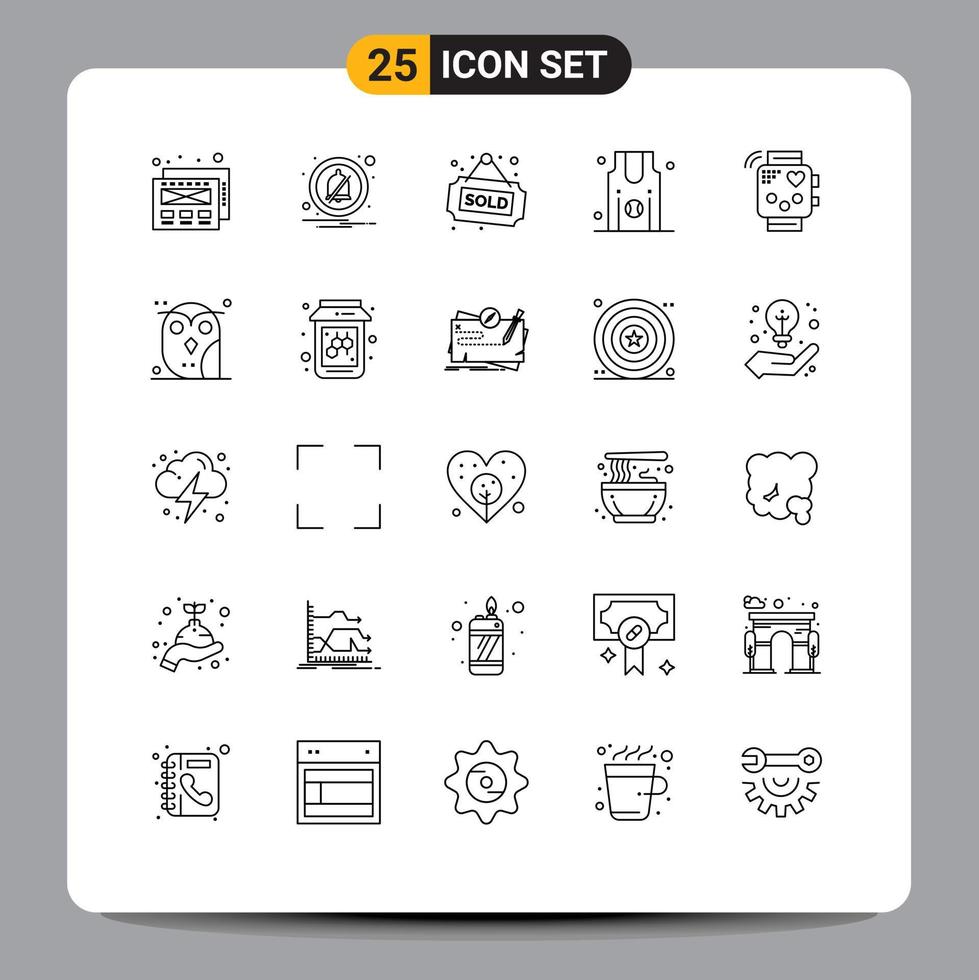 25 Universal Lines Set for Web and Mobile Applications monitoring fitness sold device team Editable Vector Design Elements