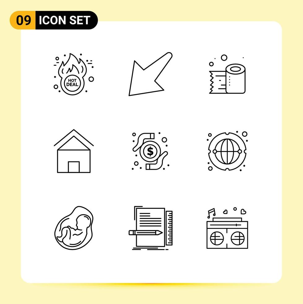 9 Outline concept for Websites Mobile and Apps money hut paper roll house cottage villa Editable Vector Design Elements