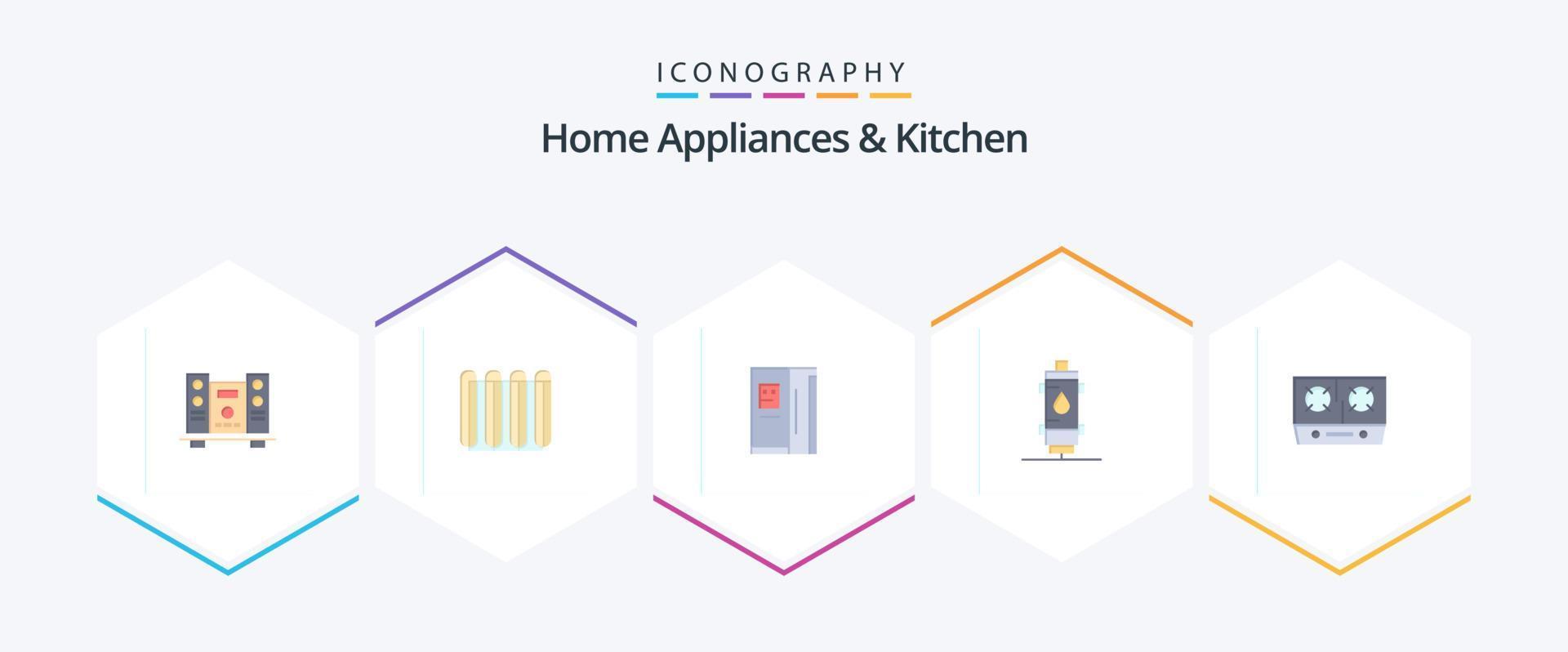 electrodomésticos y paquete de 25 íconos planos de cocina que incluye gas. calor. calefacción. agua. congelador vector