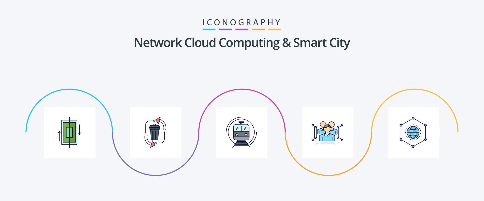 la computación en la nube de la red y la línea de la ciudad inteligente llenaron el paquete de iconos planos 5 que incluye el cuerpo. transporte. administración. público. tren vector