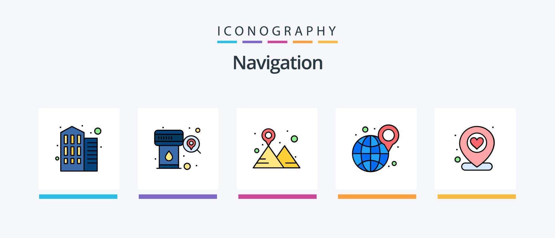 la línea de navegación llenó el paquete de 5 íconos que incluye . ruta. navegación. la carretera. lugar. diseño de iconos creativos vector