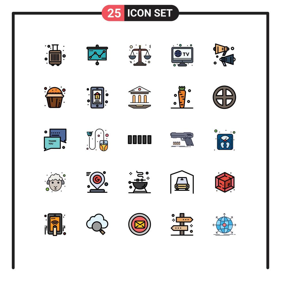 Pictogram Set of 25 Simple Filled line Flat Colors of cake sound justice loud television Editable Vector Design Elements