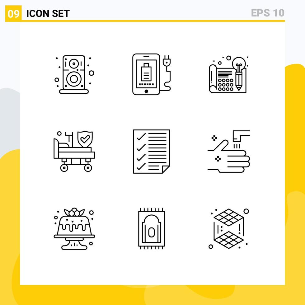 9 User Interface Outline Pack of modern Signs and Symbols of check wheels creative hospital thinking Editable Vector Design Elements