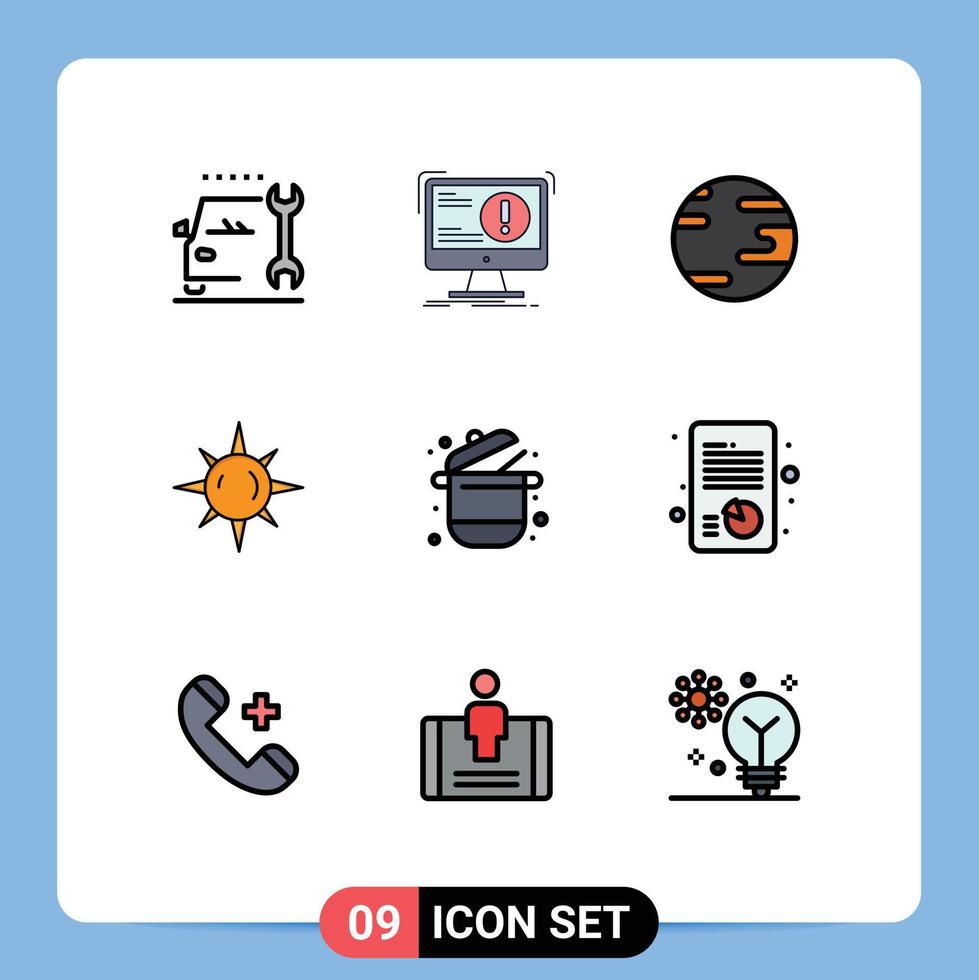 9 User Interface Filledline Flat Color Pack of modern Signs and Symbols of kitchen cooking virus light sun Editable Vector Design Elements