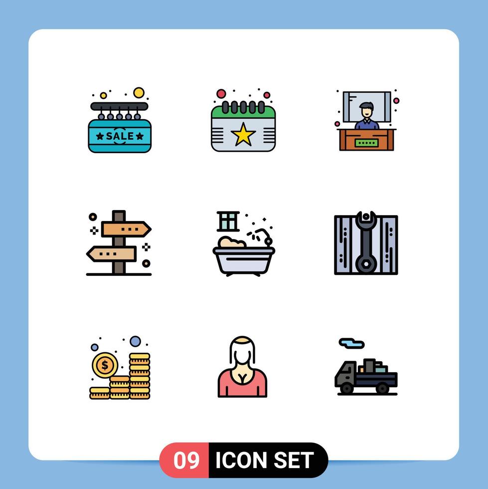 Set of 9 Commercial Filledline Flat Colors pack for shower way conference travel map Editable Vector Design Elements