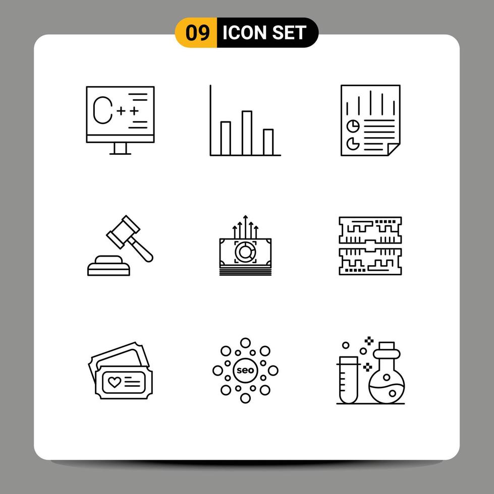 Set of 9 Modern UI Icons Symbols Signs for bundle law data judge user Editable Vector Design Elements