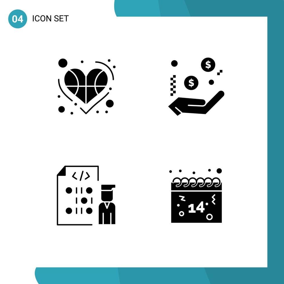 Pictogram Set of 4 Simple Solid Glyphs of ball coding love dollar development Editable Vector Design Elements