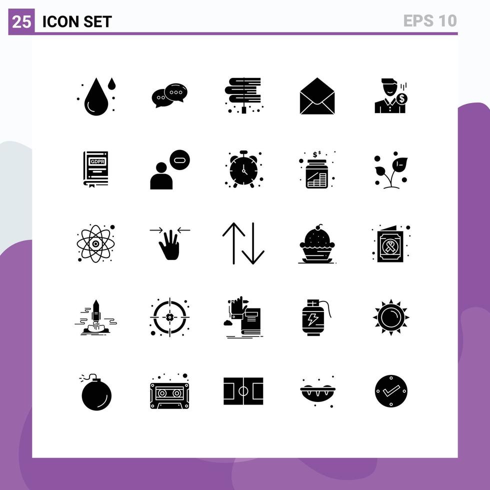 Solid Glyph Pack of 25 Universal Symbols of cost mail book email laws Editable Vector Design Elements