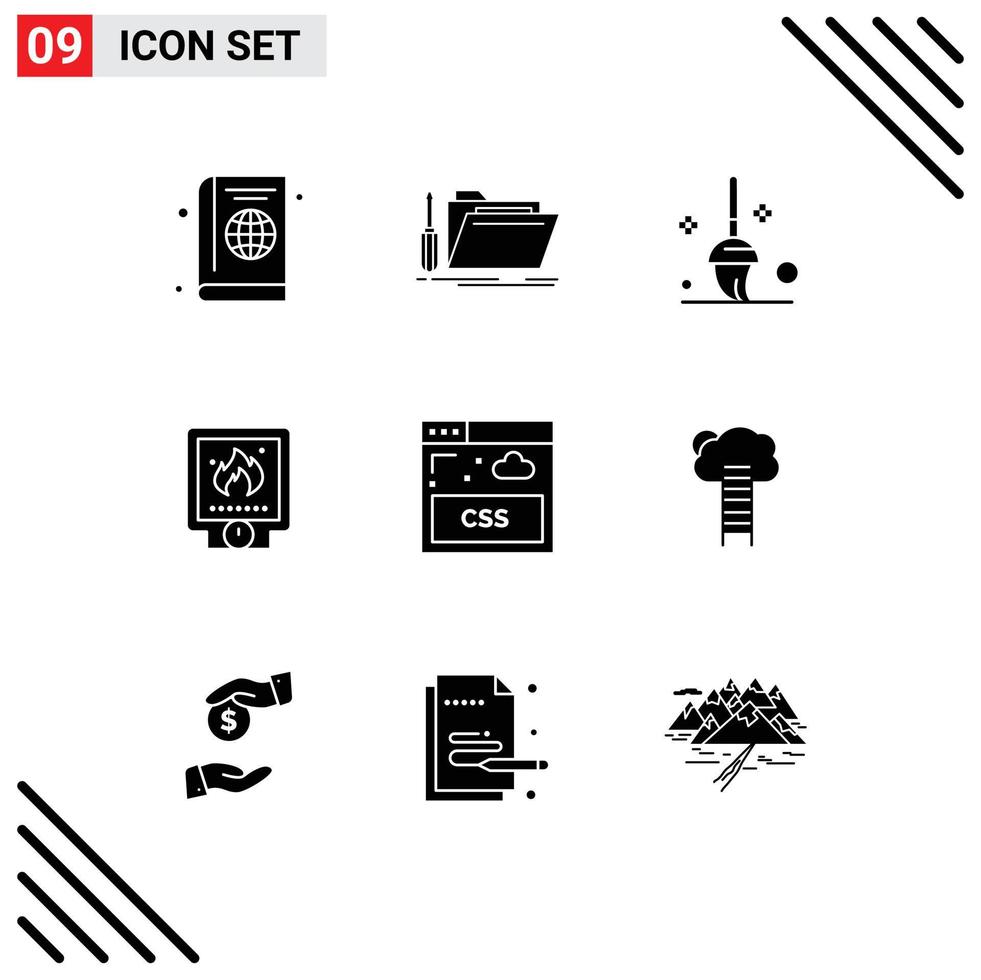 Group of 9 Solid Glyphs Signs and Symbols for fire plumbing resource plumber mop Editable Vector Design Elements