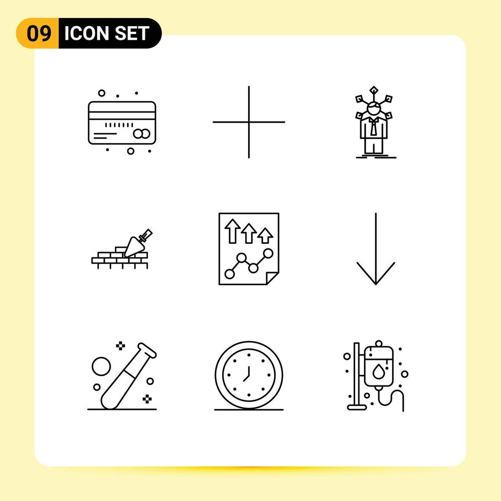 Universal Icon Symbols Group of 9 Modern Outlines of data building development mason self Editable Vector Design Elements