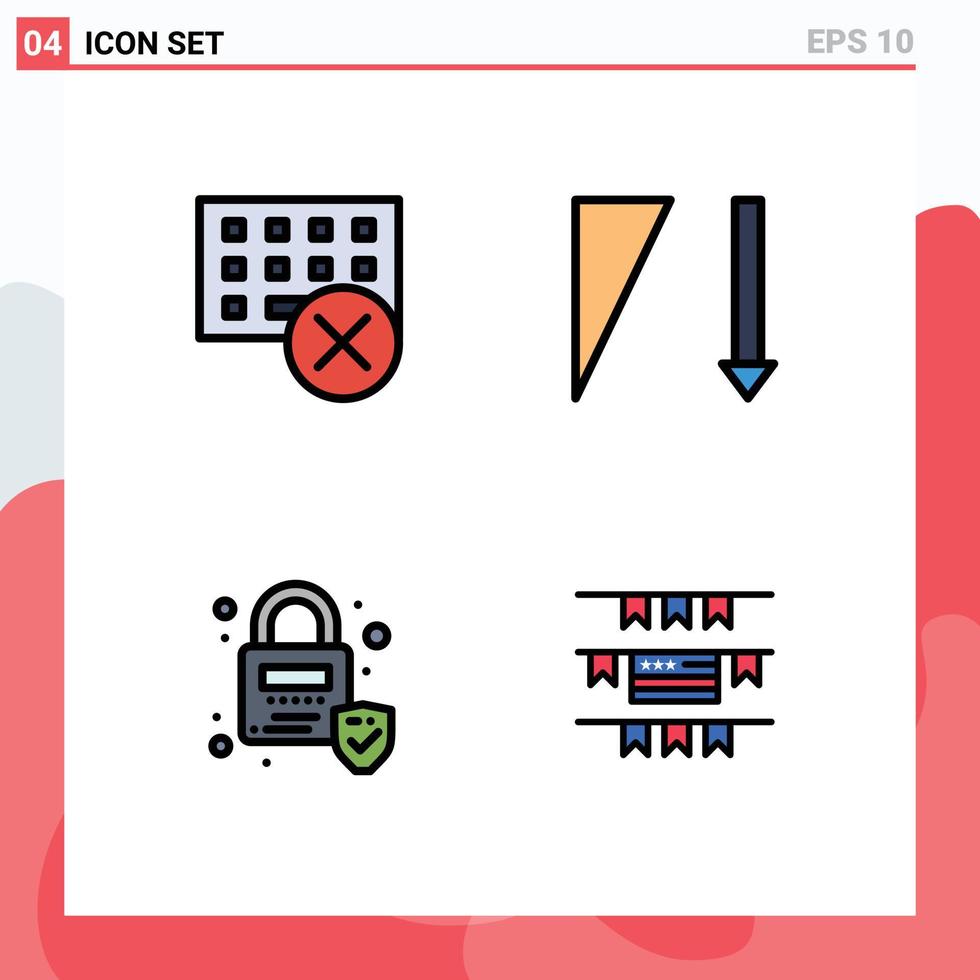 Pack of 4 creative Filledline Flat Colors of computers locked hardware sort buntings Editable Vector Design Elements