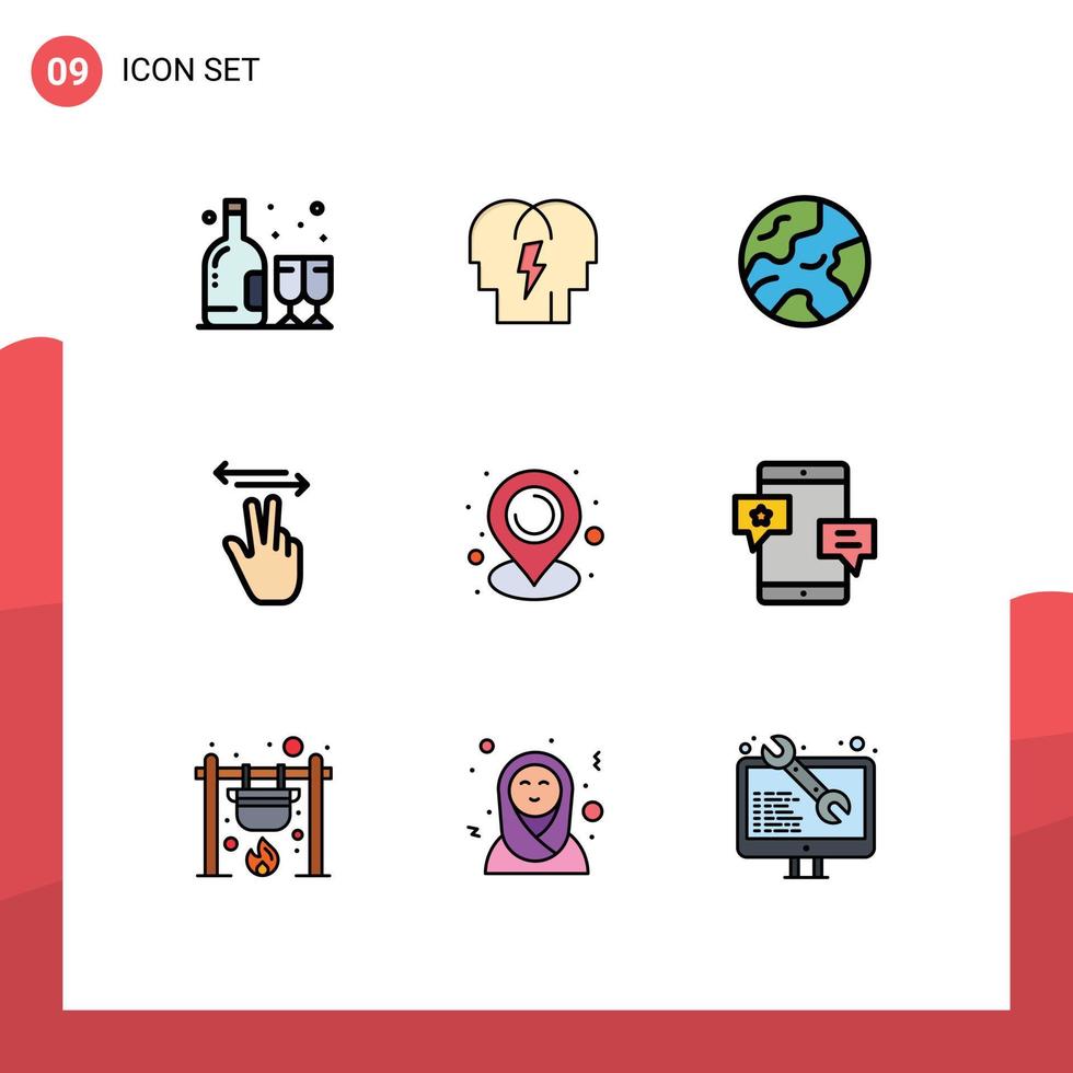Editable Vector Line Pack of 9 Simple Filledline Flat Colors of communication location earth touch hand Editable Vector Design Elements