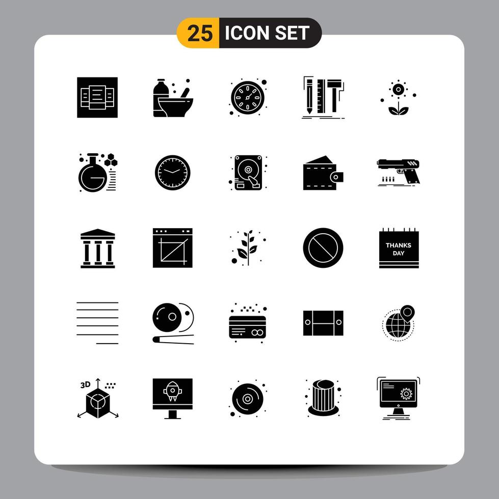 25 Universal Solid Glyph Signs Symbols of floral pencil clock tools designer Editable Vector Design Elements