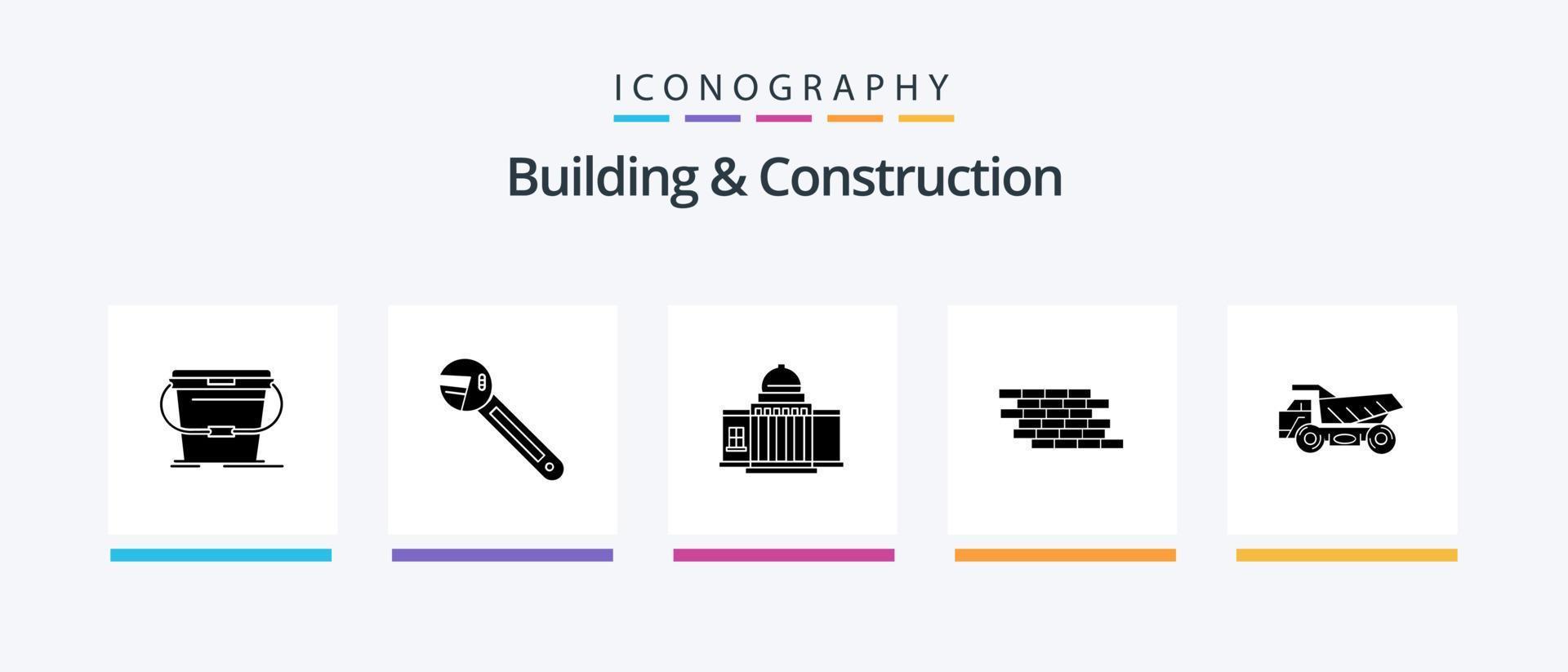 Building And Construction Glyph 5 Icon Pack Including security. place. tool. building. house. Creative Icons Design vector