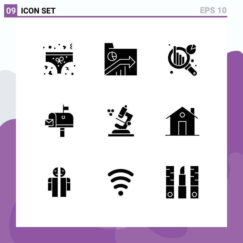 9 Universal Solid Glyphs Set for Web and Mobile Applications microscope postoffice report mail box mail Editable Vector Design Elements