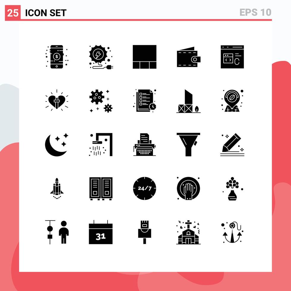 Modern Set of 25 Solid Glyphs Pictograph of development coding layout code wallet Editable Vector Design Elements