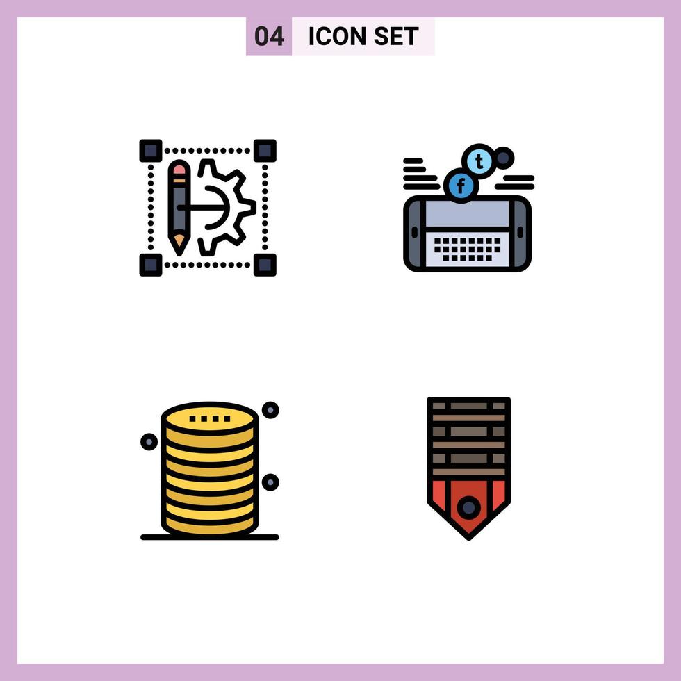 User Interface Pack of 4 Basic Filledline Flat Colors of pencil twitter printer game data Editable Vector Design Elements