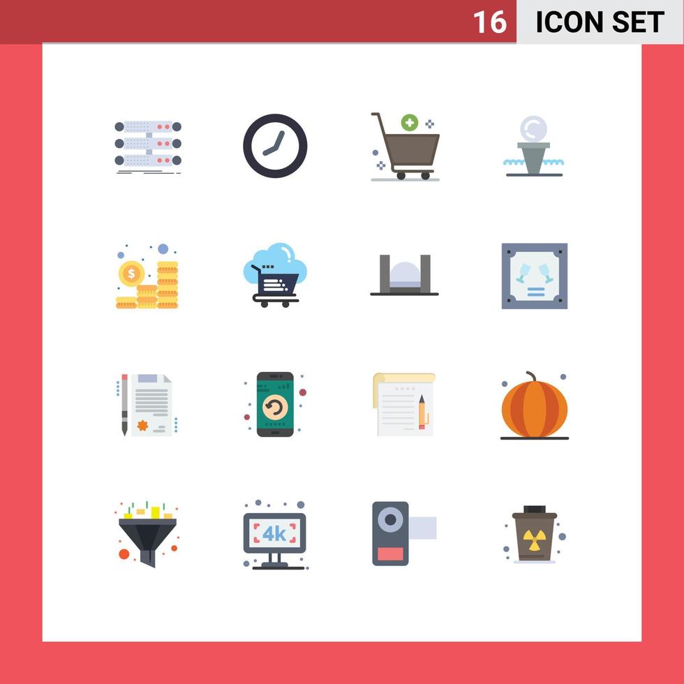 paquete de 16 signos y símbolos de colores planos modernos para medios de impresión web como el servidor comprar base de datos tiempo comercio paquete editable de elementos creativos de diseño de vectores