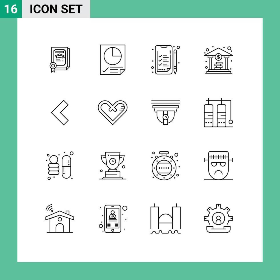 Group of 16 Modern Outlines Set for heart back analytics arrow coin Editable Vector Design Elements