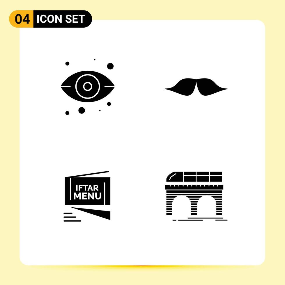 Set of 4 Commercial Solid Glyphs pack for eye iftar view movember ramadan Editable Vector Design Elements