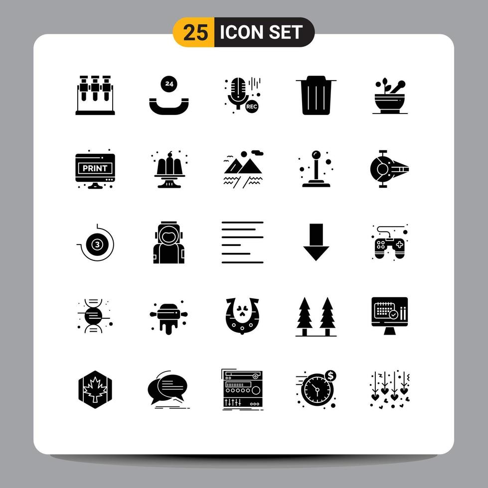 Modern Set of 25 Solid Glyphs and symbols such as computer sheet soup professional medicine trash Editable Vector Design Elements