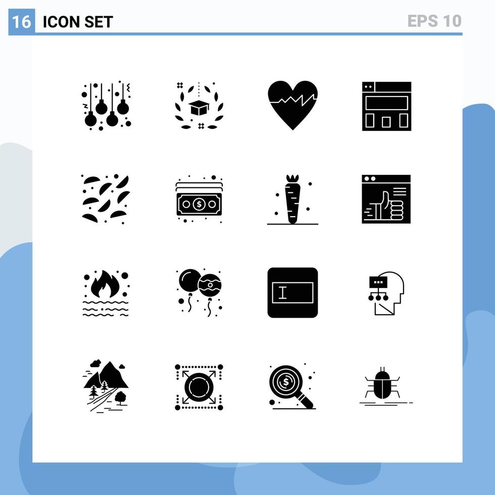Pack of 16 Modern Solid Glyphs Signs and Symbols for Web Print Media such as cash fried university food graphics design Editable Vector Design Elements
