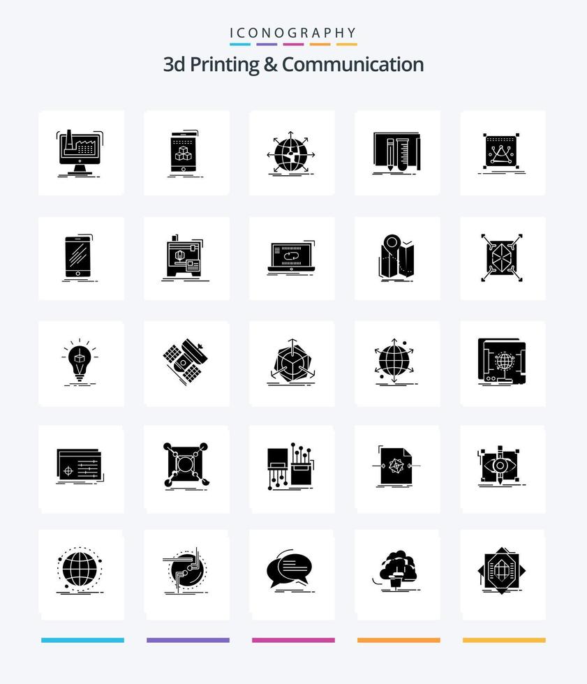 Creative 3d Printing And Communication 25 Glyph Solid Black icon pack  Such As lab. equipment. product. build. network vector