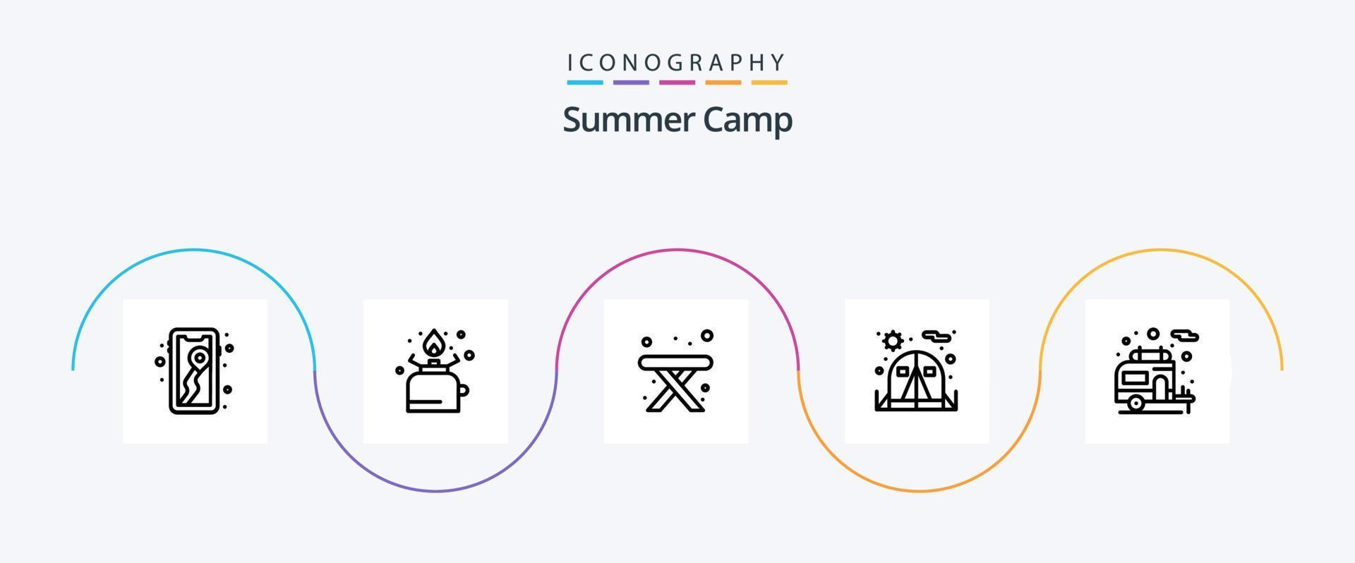 Summer Camp Line 5 Icon Pack Including motorhome. camper. picnic. tent. camping vector