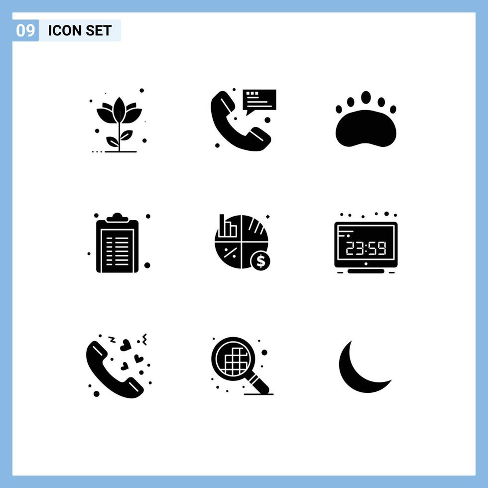 Mobile Interface Solid Glyph Set of 9 Pictograms of business note communication medicine footprint Editable Vector Design Elements