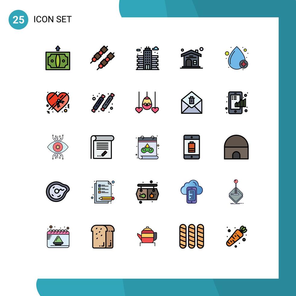 Modern Set of 25 Filled line Flat Colors Pictograph of positive drop life blood house Editable Vector Design Elements