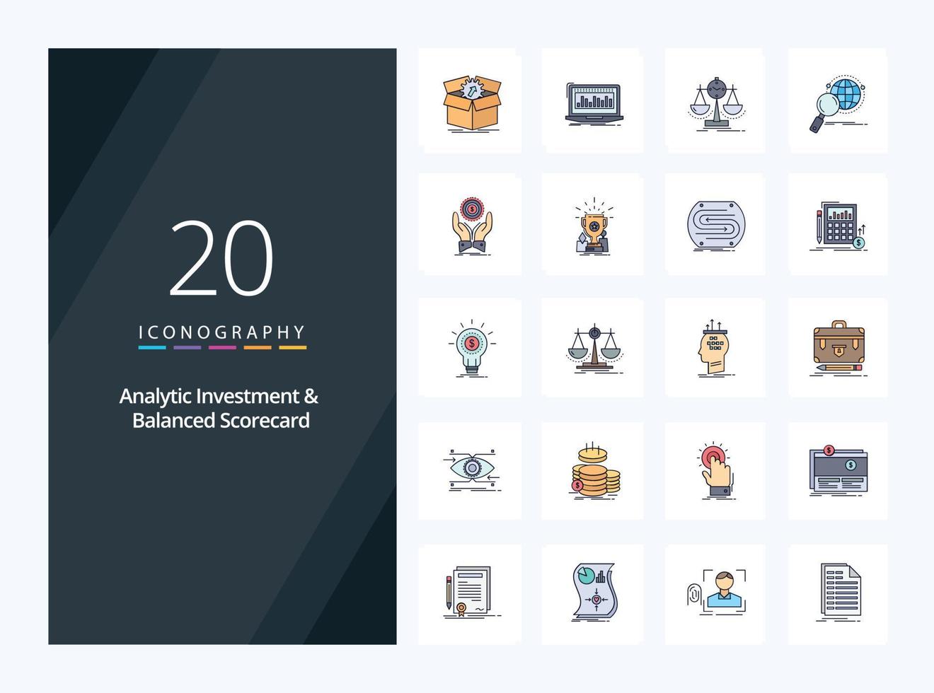 20 Analytic Investment And Balanced Scorecard line Filled icon for presentation vector