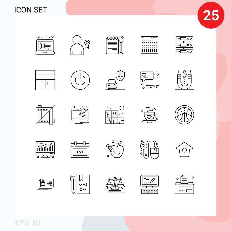 25 Universal Lines Set for Web and Mobile Applications server hardware back to school controller console Editable Vector Design Elements