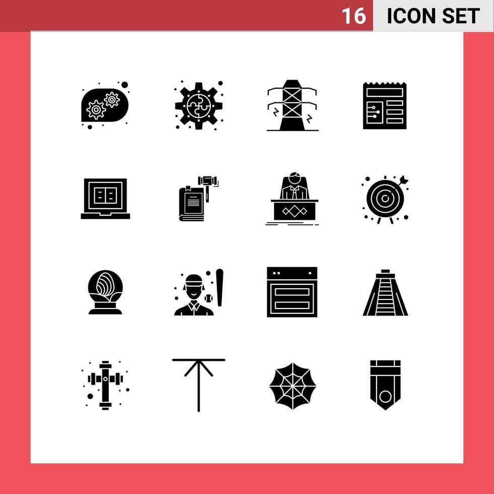 Mobile Interface Solid Glyph Set of 16 Pictograms of laptop book electricity ui document Editable Vector Design Elements