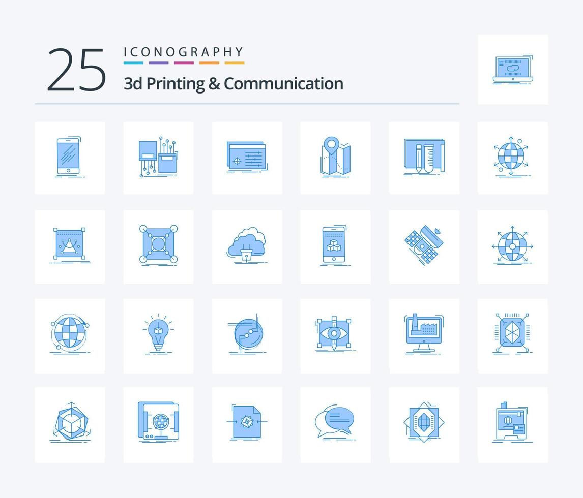 3d Printing And Communication 25 Blue Color icon pack including map. gps. lane. software. processing vector