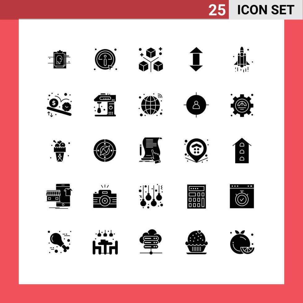 Set of 25 Vector Solid Glyphs on Grid for launch up coding arrows programing Editable Vector Design Elements