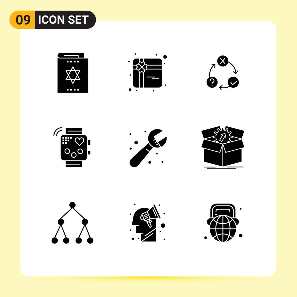 User Interface Pack of 9 Basic Solid Glyphs of monitoring fitness daily device realization Editable Vector Design Elements