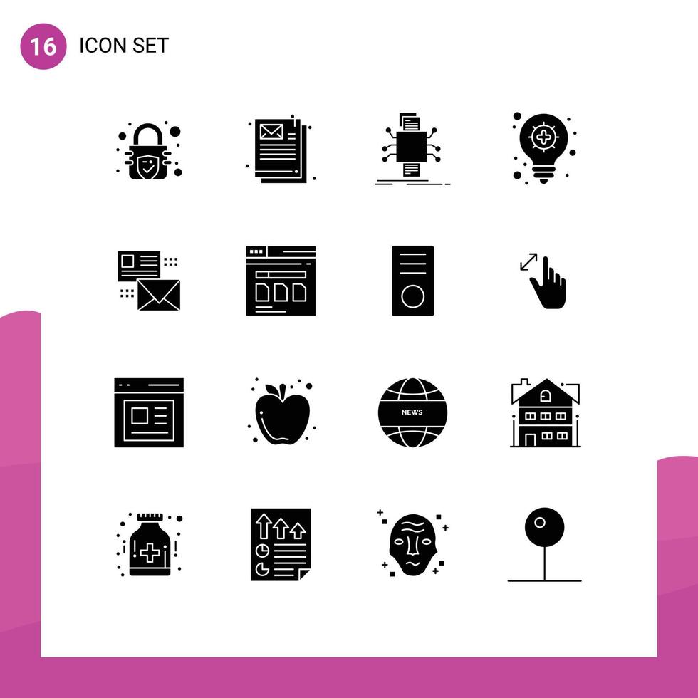 conjunto de pictogramas de 16 glifos sólidos simples de datos de conversación de correo elementos de diseño vectorial editables de bombilla de luz de correo vector