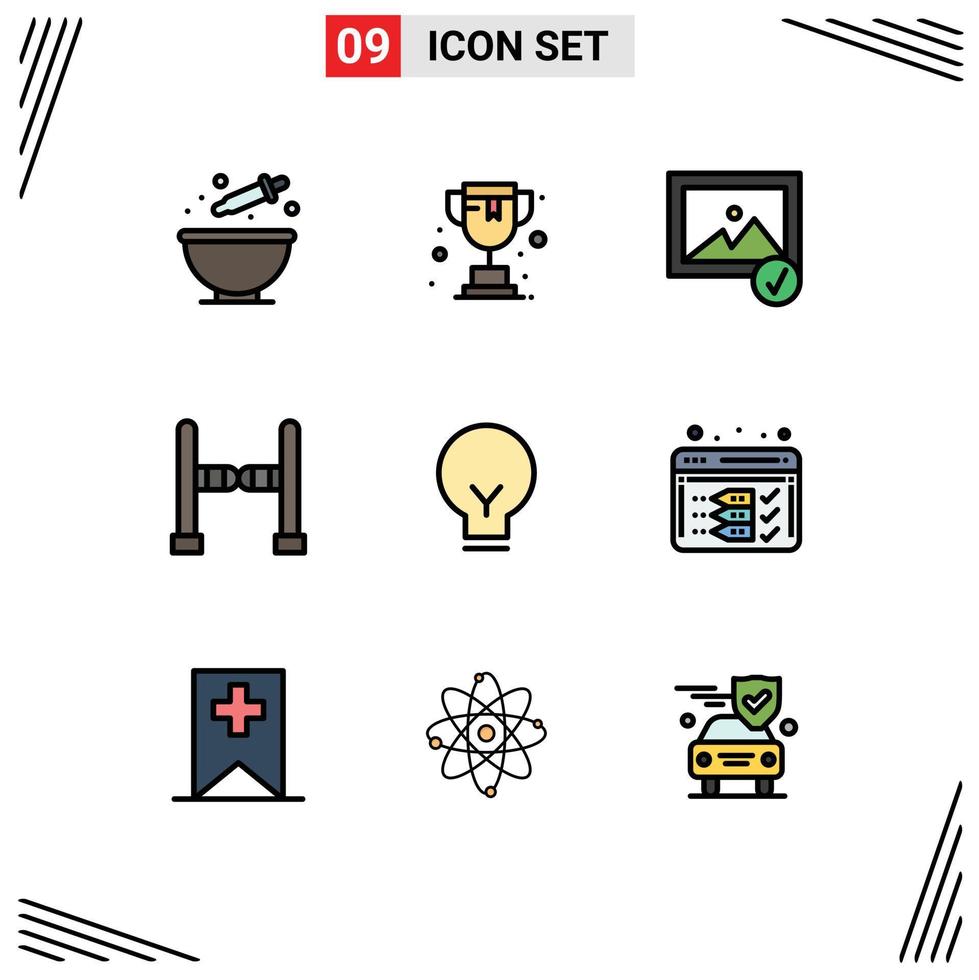 Pictogram Set of 9 Simple Filledline Flat Colors of analysis basic photo bulb swing Editable Vector Design Elements