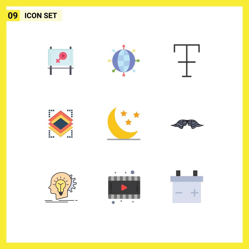 Group of 9 Flat Colors Signs and Symbols for moustache cloud format moon layer Editable Vector Design Elements