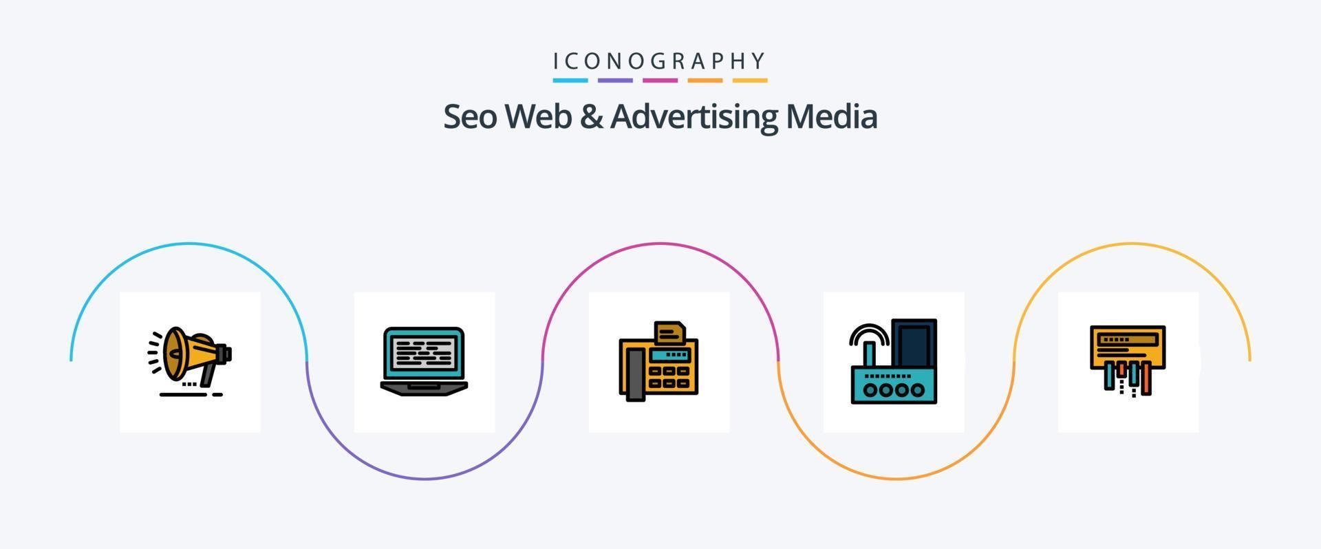 Seo Web And Advertising Media Line Filled Flat 5 Icon Pack Including radio. signal. computer. device. fax machine vector