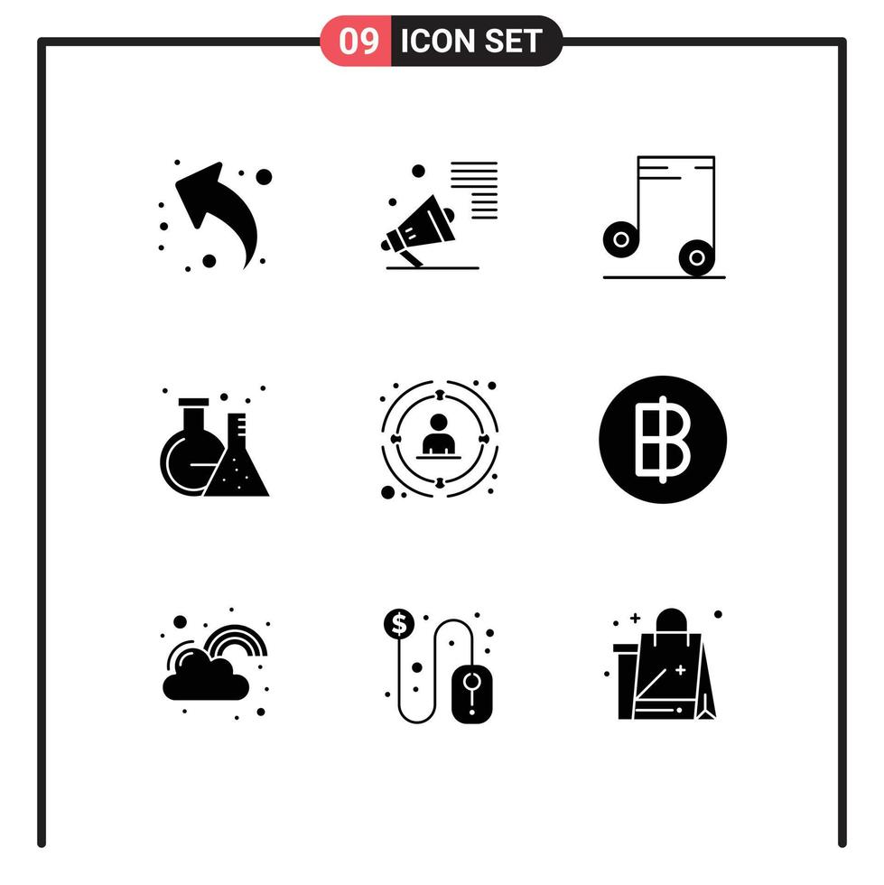 Set of 9 Commercial Solid Glyphs pack for management test promote tube flask Editable Vector Design Elements