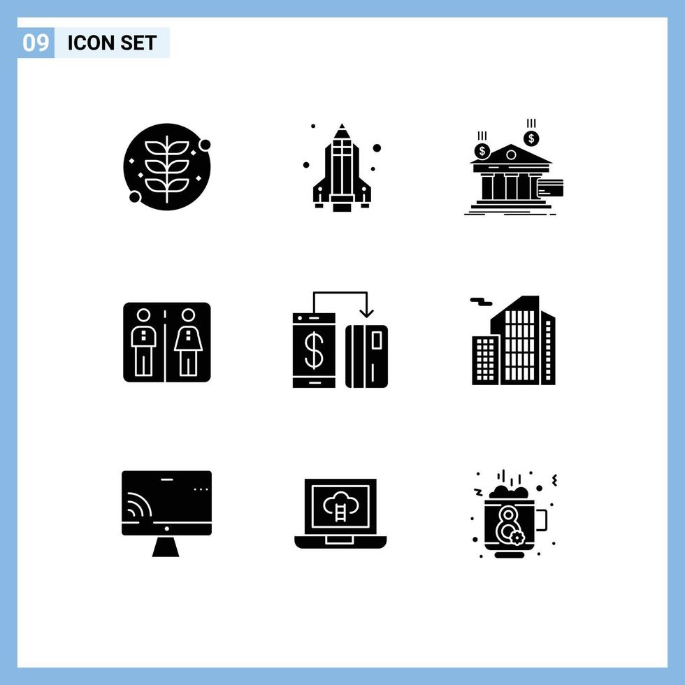 Group of 9 Solid Glyphs Signs and Symbols for digital hotel payments machine down Editable Vector Design Elements
