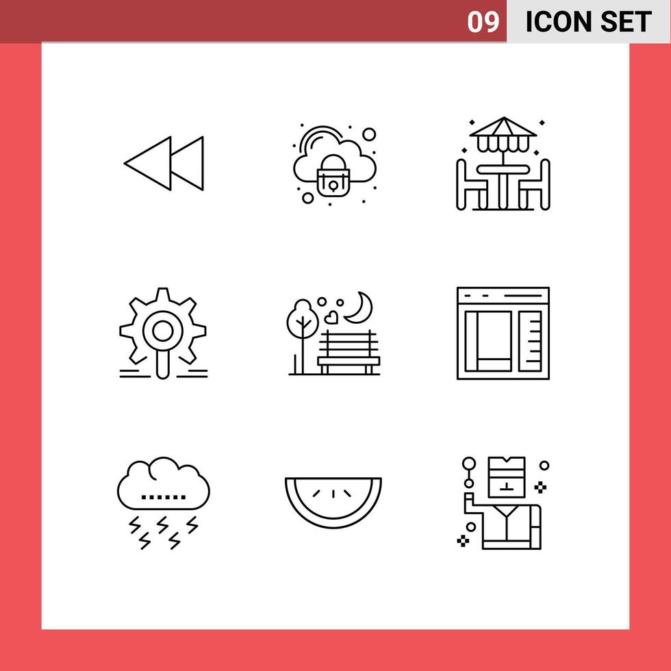 Group of 9 Outlines Signs and Symbols for night research beach search engine Editable Vector Design Elements