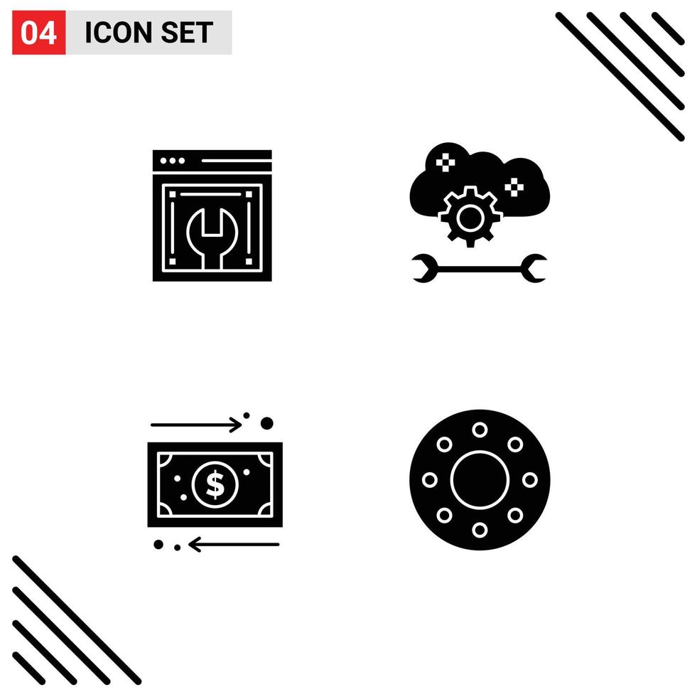 Set of 4 Vector Solid Glyphs on Grid for web advancement business web maintenance cloud service configure management Editable Vector Design Elements