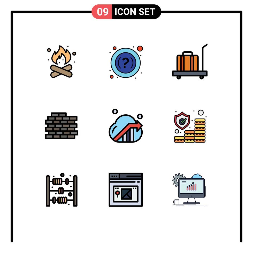 Mobile Interface Filledline Flat Color Set of 9 Pictograms of marketing business baggage bricks wall Editable Vector Design Elements