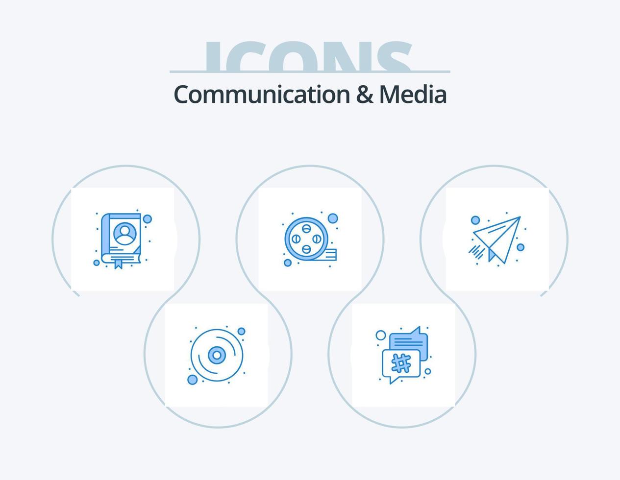 Communication And Media Blue Icon Pack 5 Icon Design. paper plane. mail. address. video. movie vector