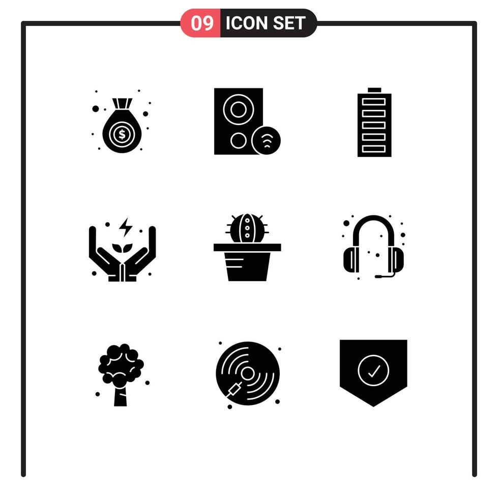 Modern Set of 9 Solid Glyphs and symbols such as cactus power battery energy full Editable Vector Design Elements