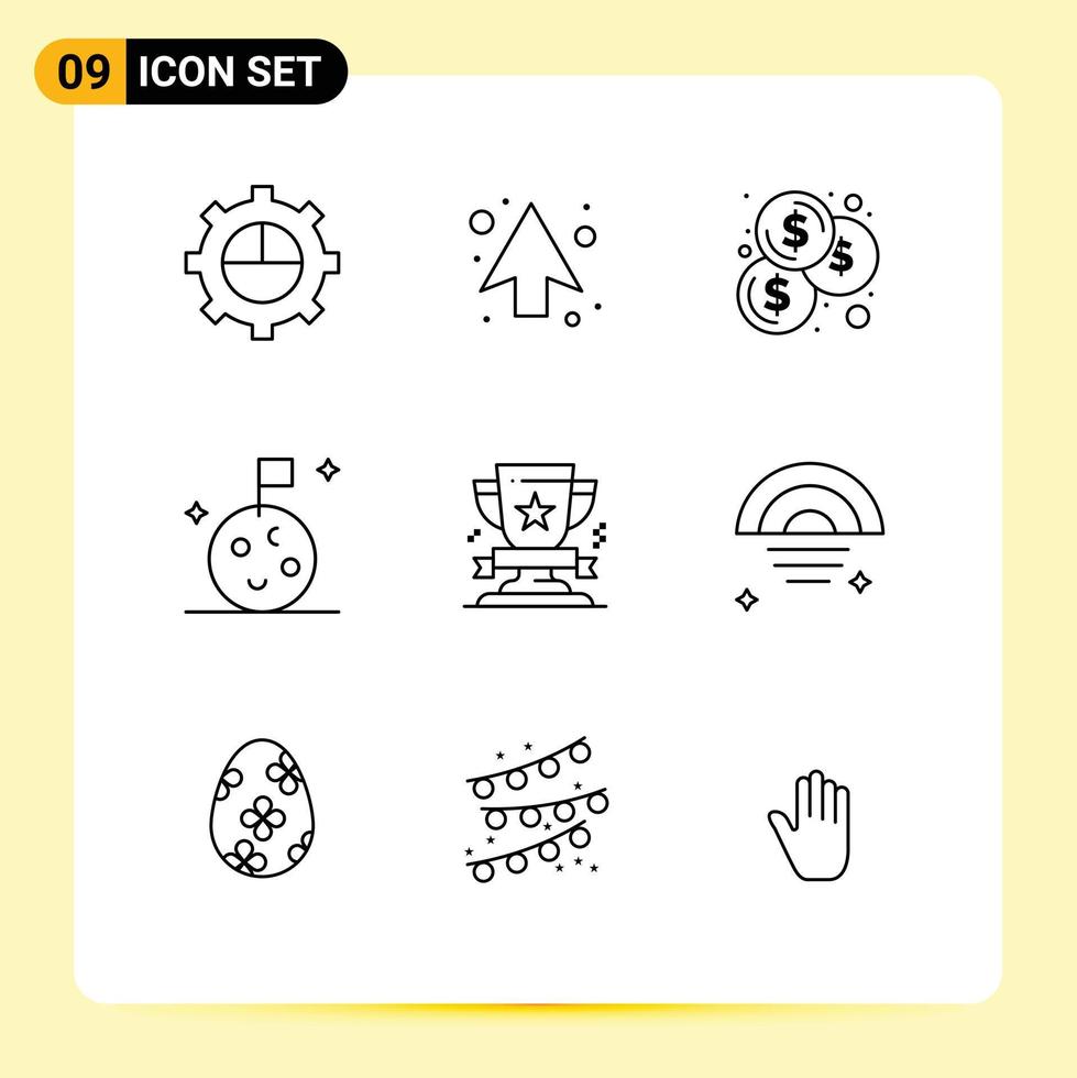 Group of 9 Modern Outlines Set for medal cup budget award moon Editable Vector Design Elements