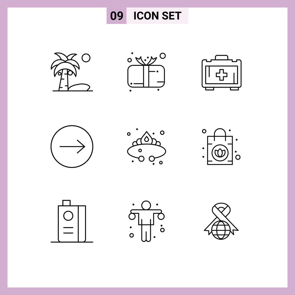 Stock Vector Icon Pack of 9 Line Signs and Symbols for jewelry crown gift right arrows Editable Vector Design Elements