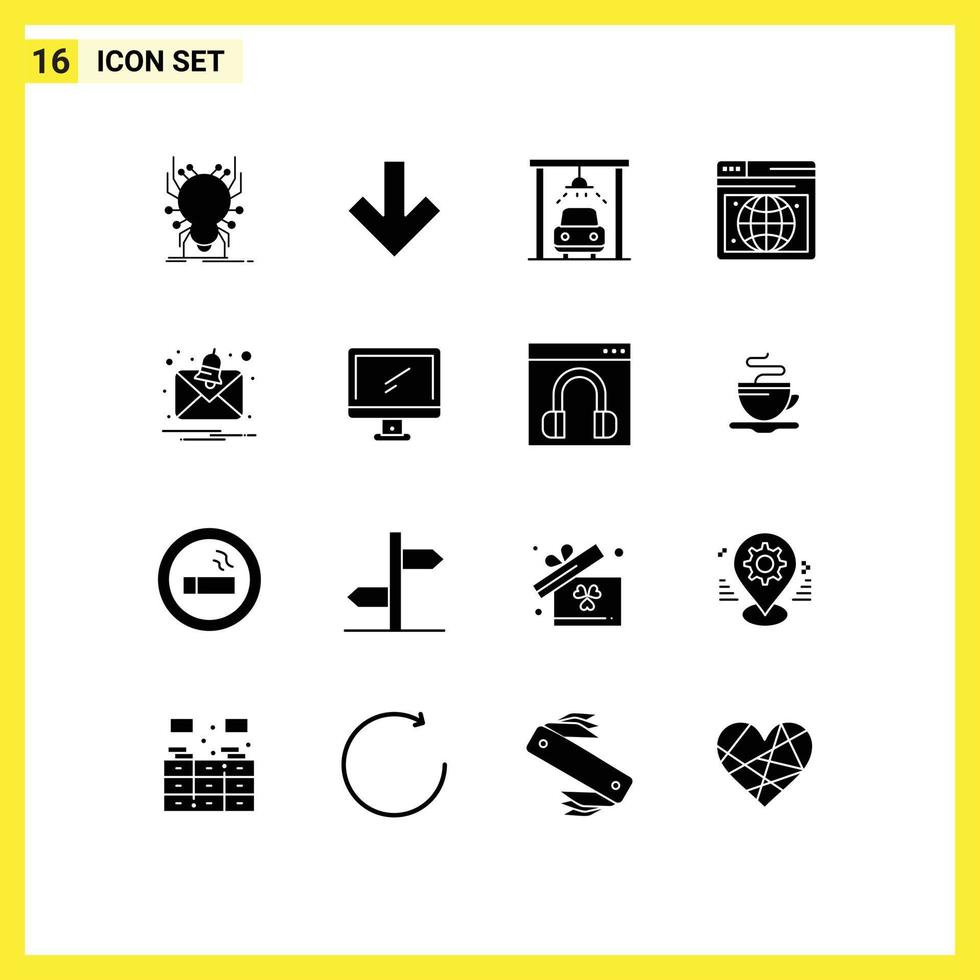 Set of 16 Vector Solid Glyphs on Grid for computer message car alert web Editable Vector Design Elements